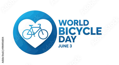 A bicycle icon centered inside a blue heart shape serves as a symbolic emblem for the global observance of World Bicycle Day on June 3.