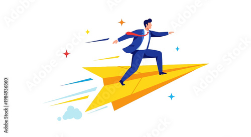 Businessman riding a yellow paper airplane with determination.