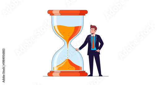Businessman Standing Next to a Large Hourglass Symbolizing Time Management.