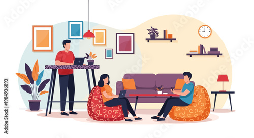 People working and relaxing in a modern living room.