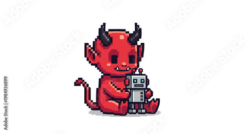 Cute Pixel Art Devil Character Hugging a Robot Toy.