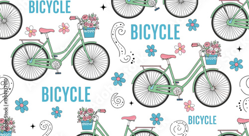 Wallpaper Mural Pattern of vintage bicycles with flower baskets on a white background for cycling enthusiasts. Torontodigital.ca