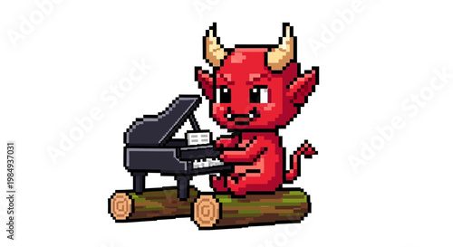 Cute pixel art devil playing a grand piano on logs.