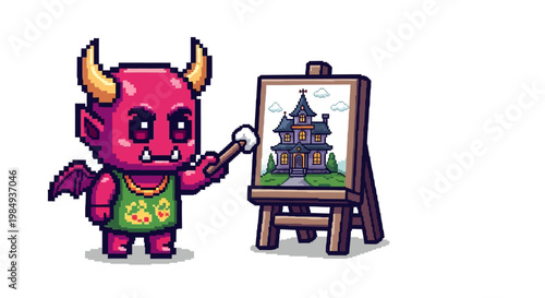 Cute Pixel Art Devil Painting a Spooky Mansion.