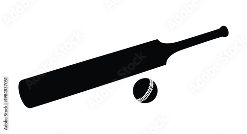 A striking black silhouette of a cricket bat and ball on white background