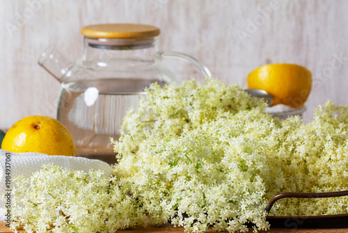 Elderflower Cordial Ingredients with Fresh Blossoms Lemon Sugar and Water on Rustic Table
