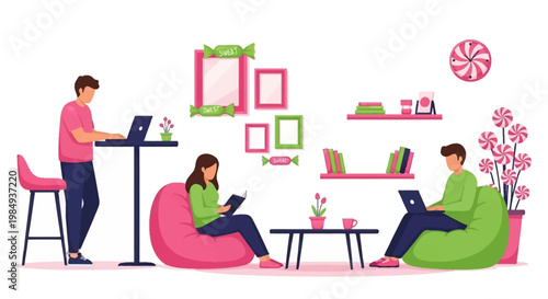 People working and studying in a modern coworking space.