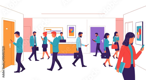 Diverse group of people interacting in a modern art gallery setting.