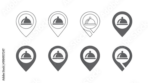 Set of restaurant location pin icons with food cloche symbol in various styles and weights
