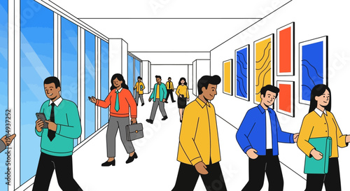 Diverse group of people walking in a modern office hallway.