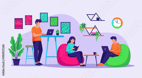 Diverse group of people working and relaxing in a modern coworking space.