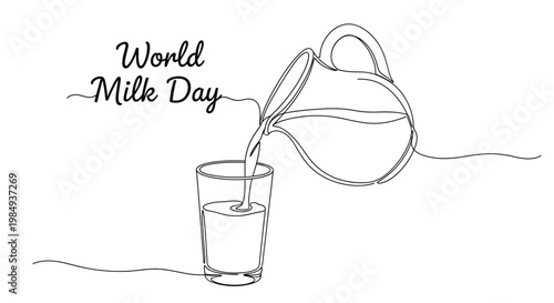 Continuous line drawing of milk pouring from a jug into a glass for World Milk Day.