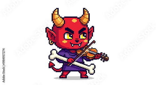 Cute Pixel Art Devil Playing Violin with Bones.