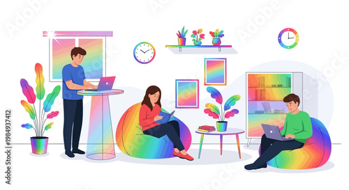 Diverse people working on laptops in a colorful modern office.