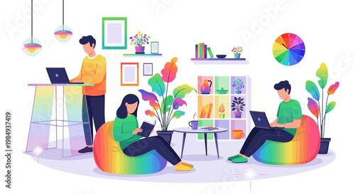 Diverse people working on laptops in a colorful modern office space.