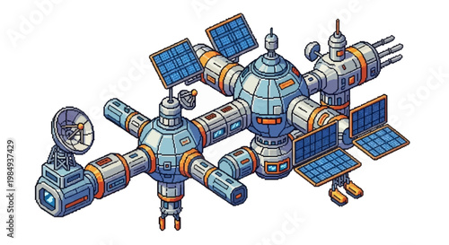 Detailed Illustration of a Futuristic Space Station with Solar Panels.