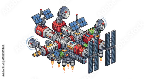 Detailed Isometric Illustration of a Futuristic Space Station.
