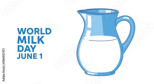 World Milk Day, June 1, is celebrated with a blue pitcher filled with milk on a white background.