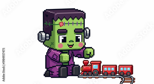 Cute pixel art Frankenstein monster playing with a toy train.