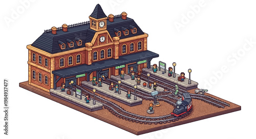 Detailed Miniature Train Station Building with Platforms and Tracks.