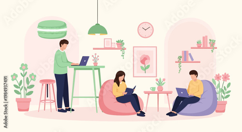 People working and relaxing in a modern co-working space.