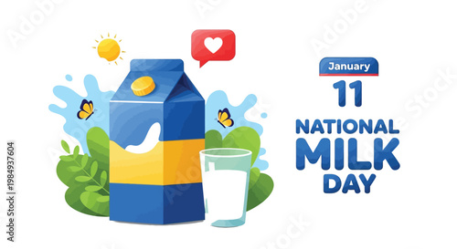 A carton of milk and a glass of milk are displayed with butterflies and plants on National Milk Day, January 11.