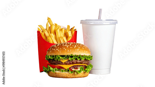 Obraz na plátně Delicious Fast Food Menu Featuring a Double Beef Cheeseburger, Crispy French Fri