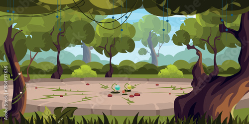 Vector illustration of a fantastic forest clearing. Cartoon scene fairy tale game landscape with trees entwined with vines, hanging plants, flowers, bushes, a plot of land with plants, grass.