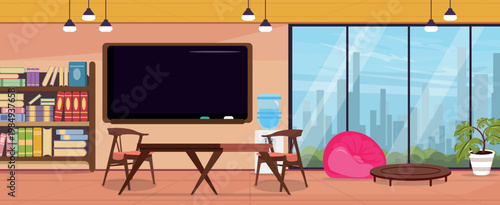 Vector illustration of an educational institution interior. Cartoon scene inside an educational institution, blackboard, bookcase, table and chairs, pouf, flowerpot, large windows, bottled water.
