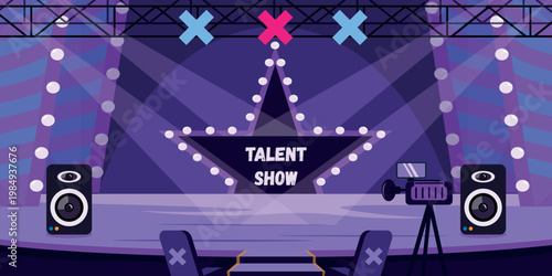 Vector illustration of a beautiful talent show scene. Cartoon scene of a stage interior for performances, a star with the inscription, blue, red crosses, music speakers, video camera, lighting.