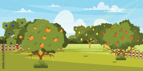 Vector illustration of a beautiful rural orchard. Cartoon scene of a garden landscape with fruit trees: plums, apples, pears, lush crowns, branches, trunks, bushes, fence, sun rays, sky, clouds.