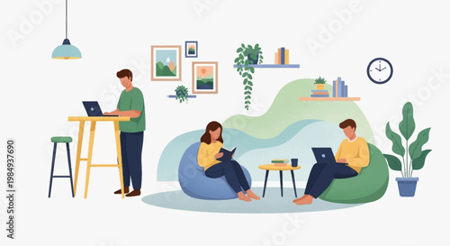 People working and studying in a modern co-working space.