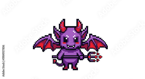 Cute Pixel Art Purple Devil Character Holding Trident.