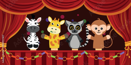 Vector illustration of puppet theater. Cartoon scene of a performance with cute animals on stage in different poses and emotions: zebra, lion, lemur, monkey, red curtains, lambrequins, paper garlands.