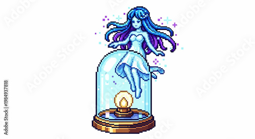 Enchanting Pixel Art Mermaid Trapped in Glass Dome.