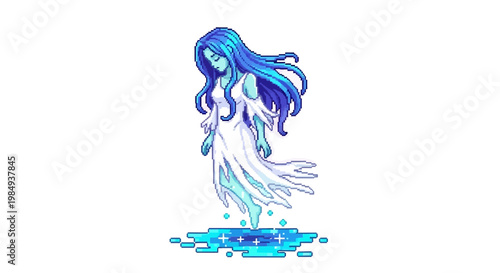 Ethereal Blue Haired Woman Floating Above Water.