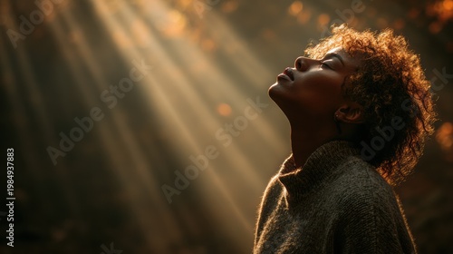 Young African woman in a forest clearing, eyes closed, embracing sunlight rays filtering through trees, creating a serene and spiritual atmosphere of prayer and reflection