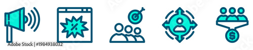 Conjunto de iconos de marketing. Representa estrategia digital. Incluye campaña, publicidad, audiencia, alcance, conversión. Ilustración vectorial