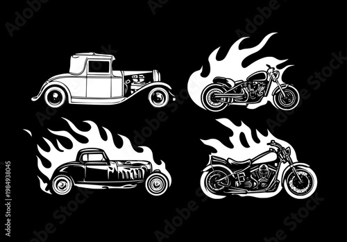 Black and white illustration of a vintage hot rod car and chopper motorcycle with flaming accents on a contrasting black background