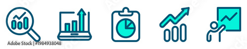Conjunto de iconos de análisis de datos. Representa métricas y resultados. Incluye análisis, estadística, reporte, crecimiento, presentación. Ilustración vectorial