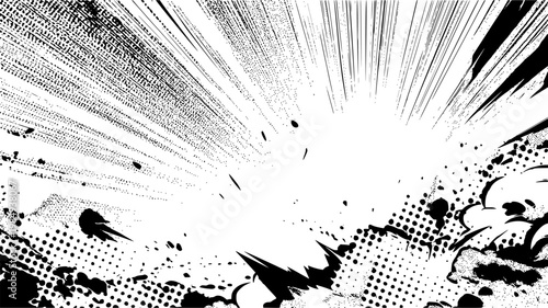 Comic explosion with halftone and speed lines. Explosive black ink splatter comic blast background with dynamic radial speed lines