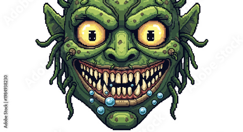 Green Monster Face with Sharp Teeth and Yellow Eyes.