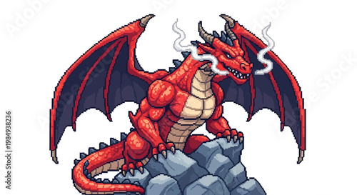 Fierce Red Dragon Perched on Rocks with Smoke.