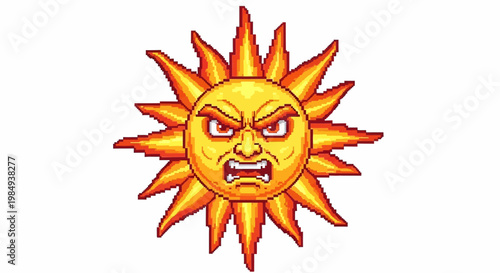 Fierce Sun Face with Angry Expression and Fiery Rays.