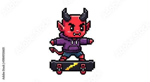 Cute Red Devil Character Riding a Skateboard.