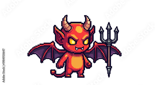 Cute Red Devil Character with Wings and Trident.