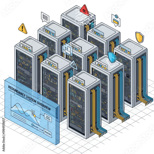 Redundancy System Overview - Data Servers with Warning Signs and Security Shield.