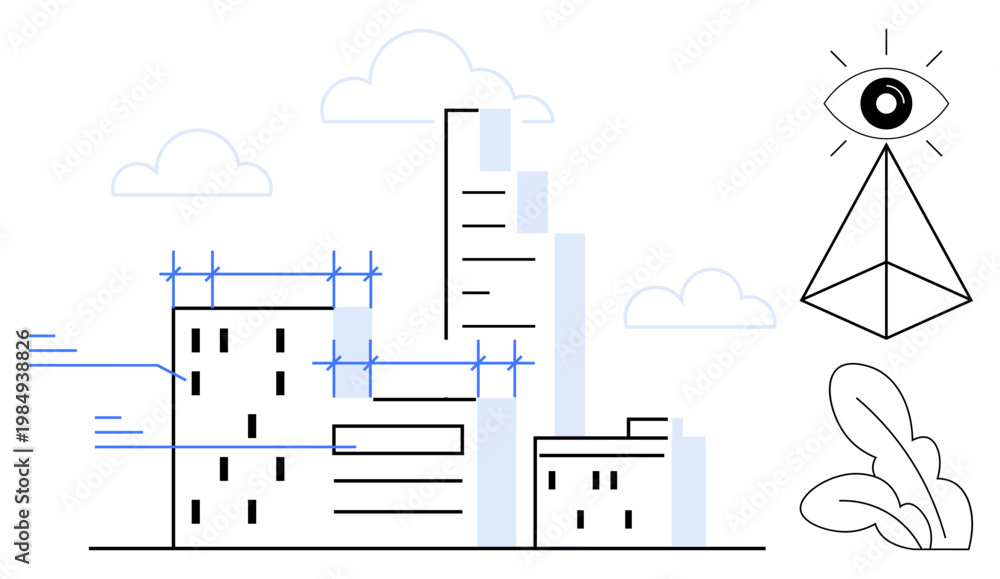 Naklejka premium Architecture, urban planning, construction, vision, creativity, modernity. Abstract city skyline under construction with geometric eye symbol and shapes. Architecture and urban planning concept
