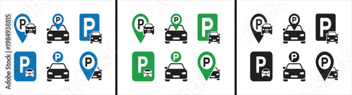 Car Parking Sign Map Location Pointer Auto Colorful Silhouette Set