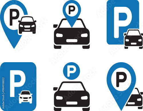 Car Parking Sign Location Map Pointer Auto Blue Silhouette Icon Set